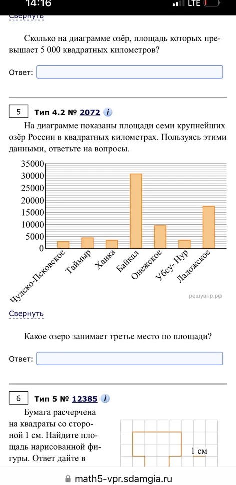 Сколько на диаграмме озёр, площадь которых превышает 5 000 квадратных километров?