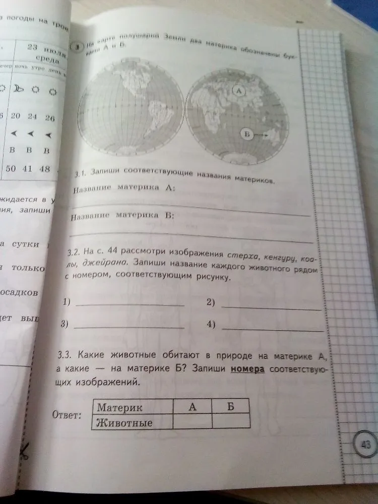 3. На карте полушарий Земли два материка обозначены буквами А и Б.