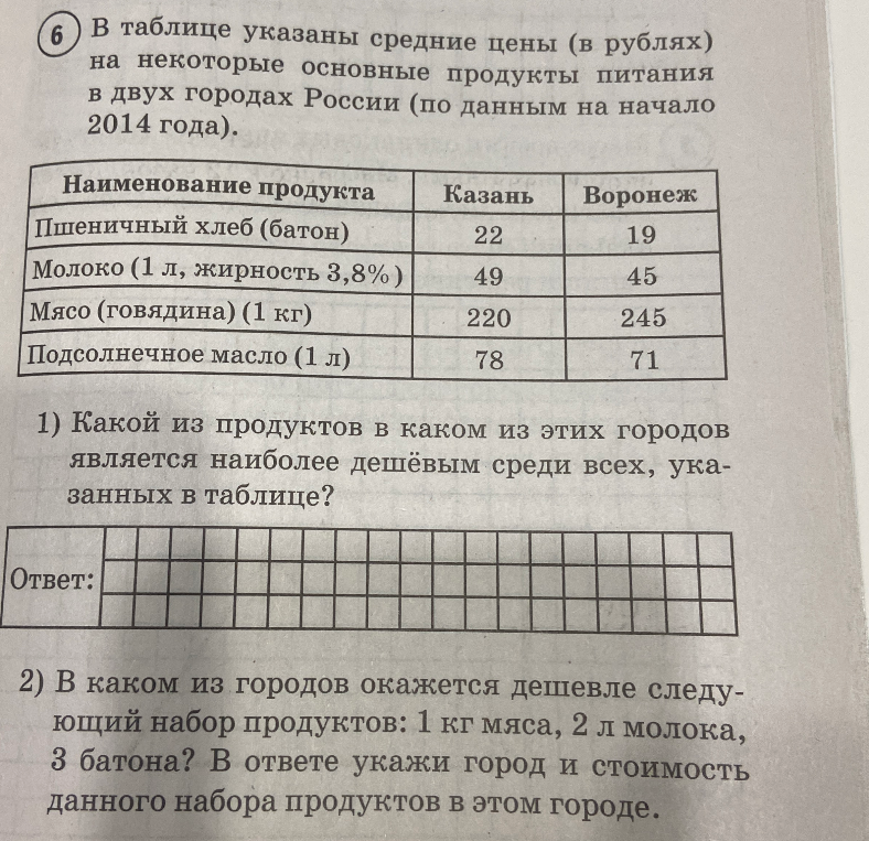 6) В таблице указаны средние цены (в рублях) на некоторые основные продукты питания в двух городах России (по данным на начало 2014 года).
