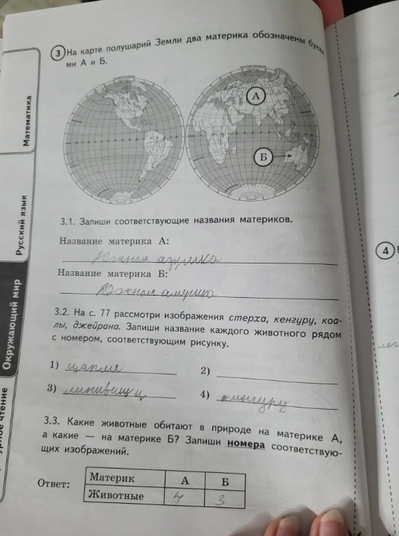 На карте полушарий Земли два материка обозначены буквами А и Б.