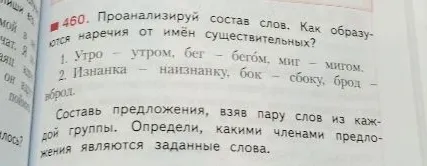 460. Проанализируй состав слов. Как образуются наречия от имён существительных?