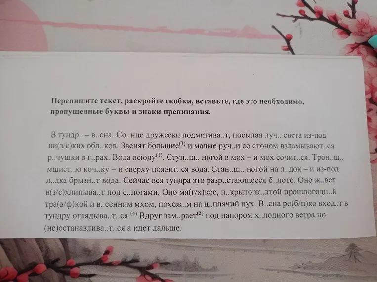 В тундр.. – в..сна. Со..нце дружески подмигива..т, посылая луч.. света из-под ни(з/с)ких обл..ков.