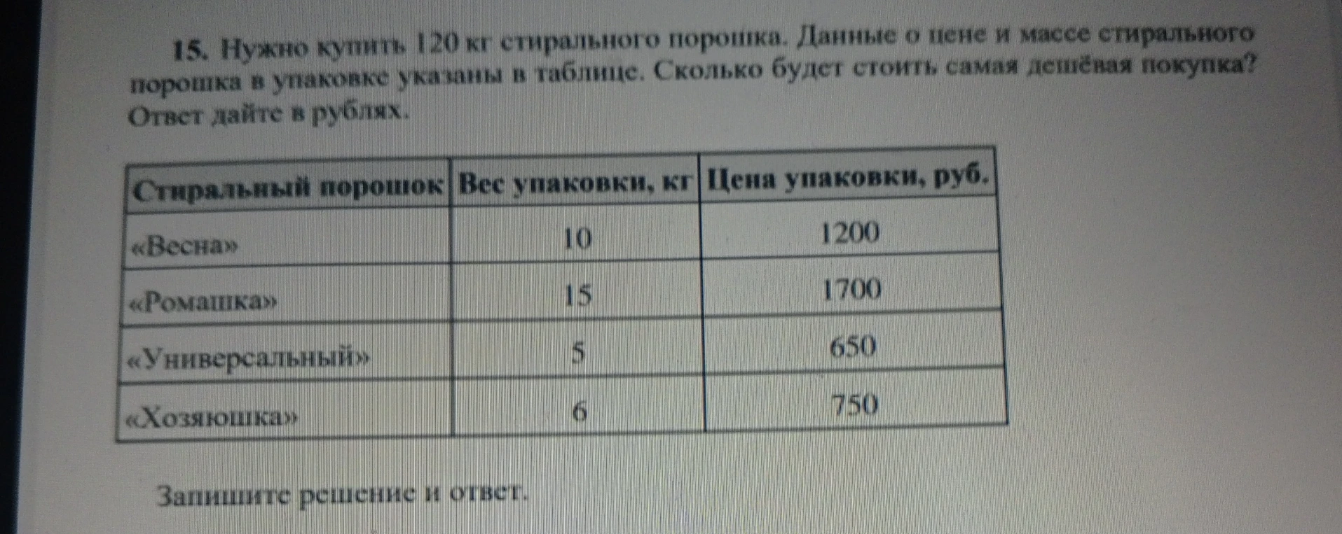 15. Нужно купить 120 кг стирального порошка. Данные о цене и массе стирального порошка в упаковке указаны в таблице. Сколько будет стоить самая дешёвая покупка? Ответ дайте в рублях.