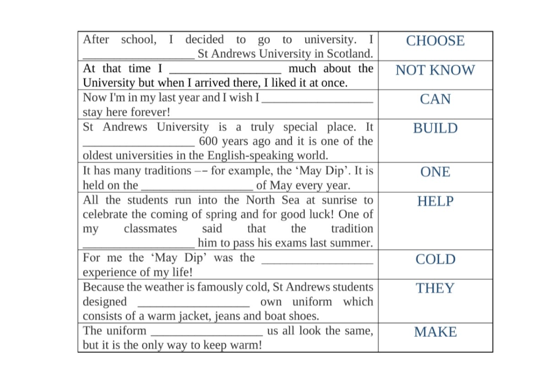 After school, I decided to go to university. I __________ St Andrews University in Scotland.