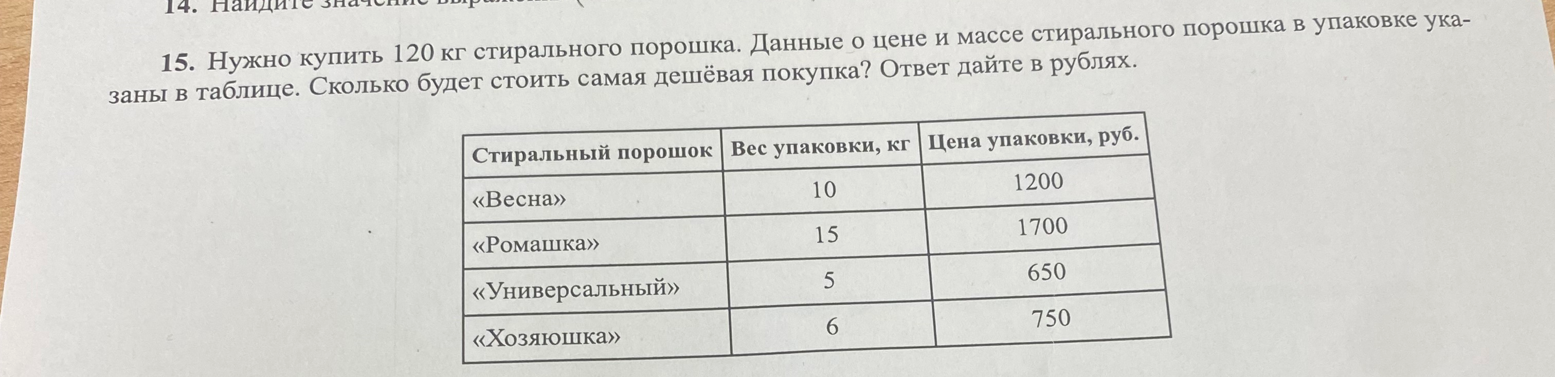 Нужно купить 120 кг стирального порошка. Данные о цене и массе стирального порошка в упаковке указаны в таблице. Сколько будет стоить самая дешёвая покупка? Ответ дайте в рублях.