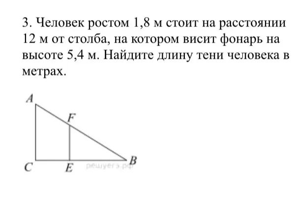 3. Человек ростом 1,8 м стоит на расстоянии 12 м от столба, на котором висит фонарь на высоте 5,4 м. Найдите длину тени человека в метрах.