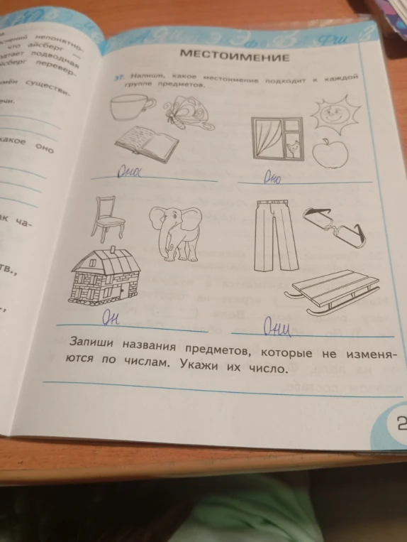Запиши названия предметов, которые не изменяются по числам. Укажи их число.