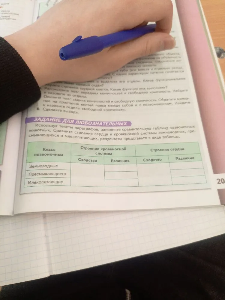 Используя тексты параграфов, заполните сравнительную таблицу позвоночных животных.
