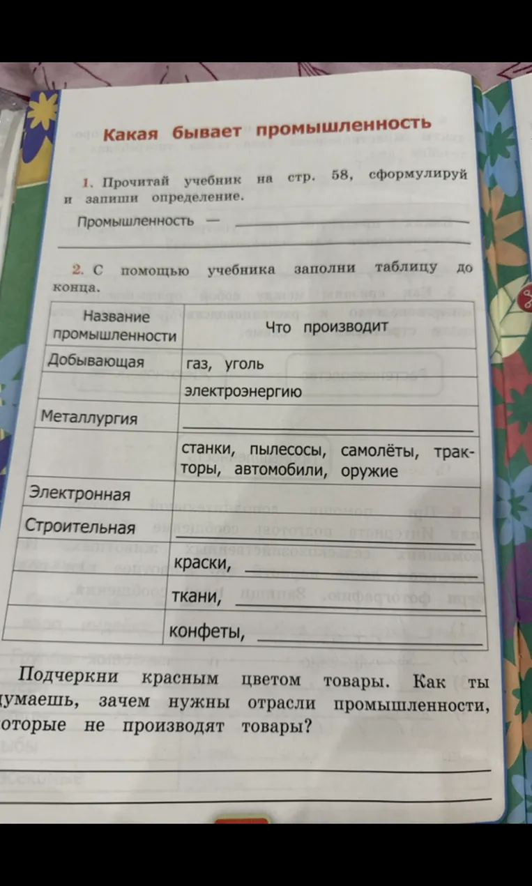 Какая бывает промышленность. 1. Прочитай учебник на стр. 58, сформулируй и запиши определение.