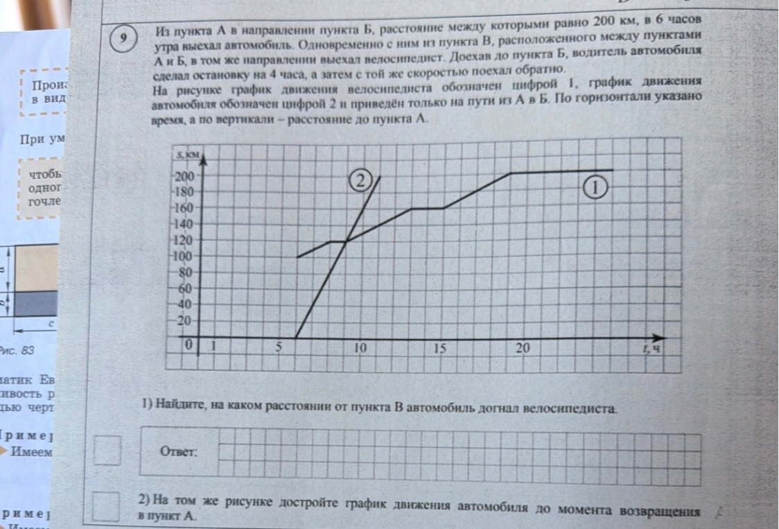 Из пункта А в направлении пункта Б, расстояние между которыми равно 200 км, в 6 часов утра выехал автомобиль. Одновременно с ним из пункта В, расположенного между пунктами А и Б, в том же направлении выехал велосипедист.