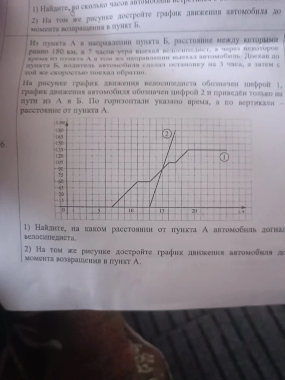 1) Найдите, на каком расстоянии от пункта А автомобиль догнал велосипедиста. 2) На том же рисунке достройте график движения автомобиля до момента возвращения в пункт А.