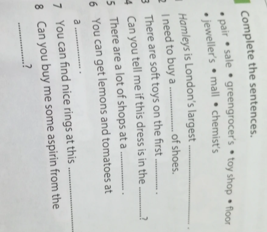 Complete the sentences. pair • sale • greengrocer's • toy shop • floor • jeweller's • mall • chemist's