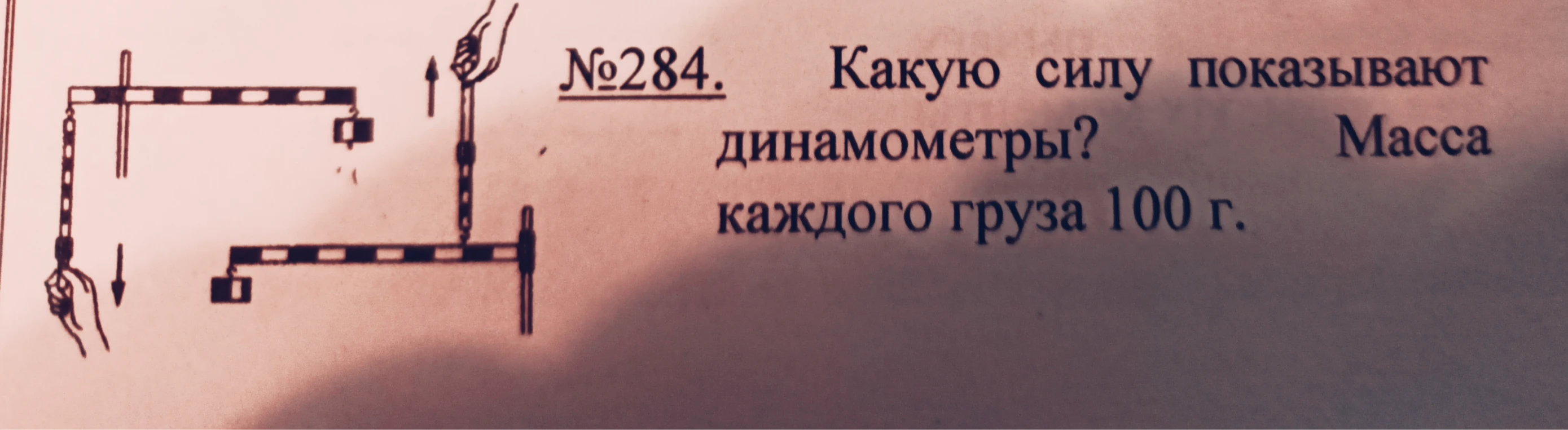 №284. Какую силу показывают динамометры? Масса каждого груза 100 г.