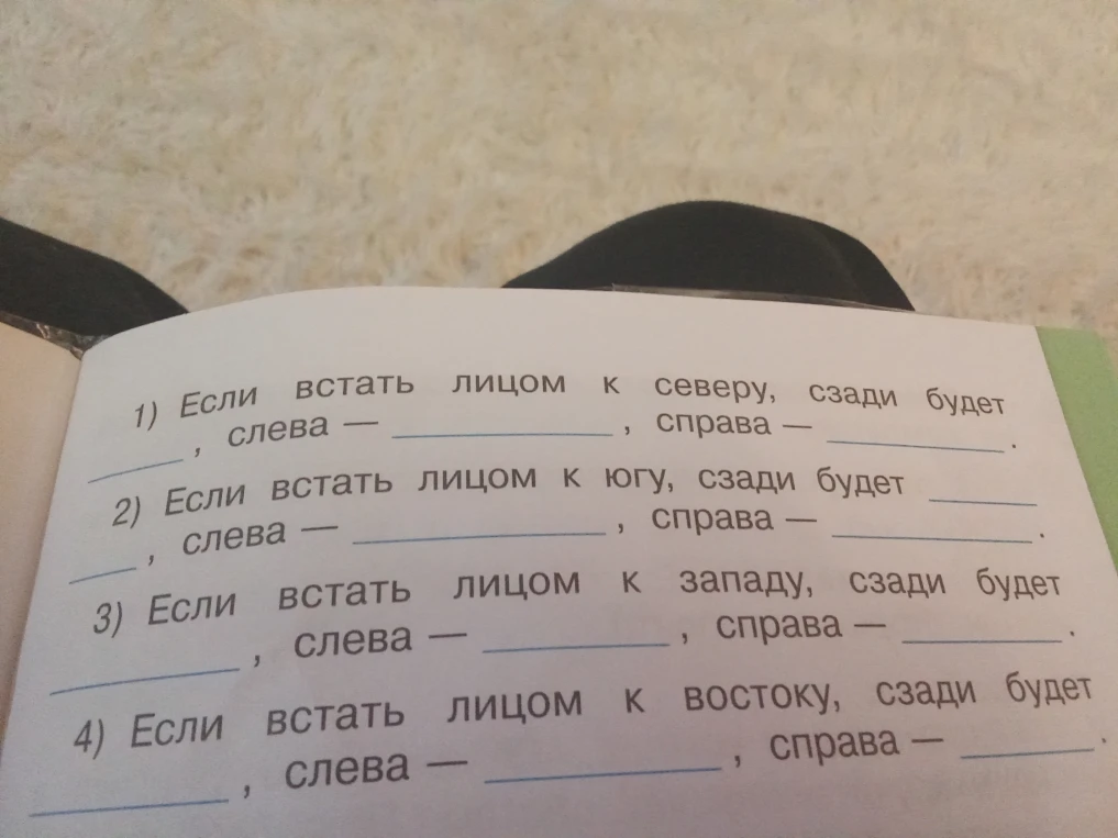 Если встать лицом к северу, сзади будет ____, слева — ____, справа — ____.