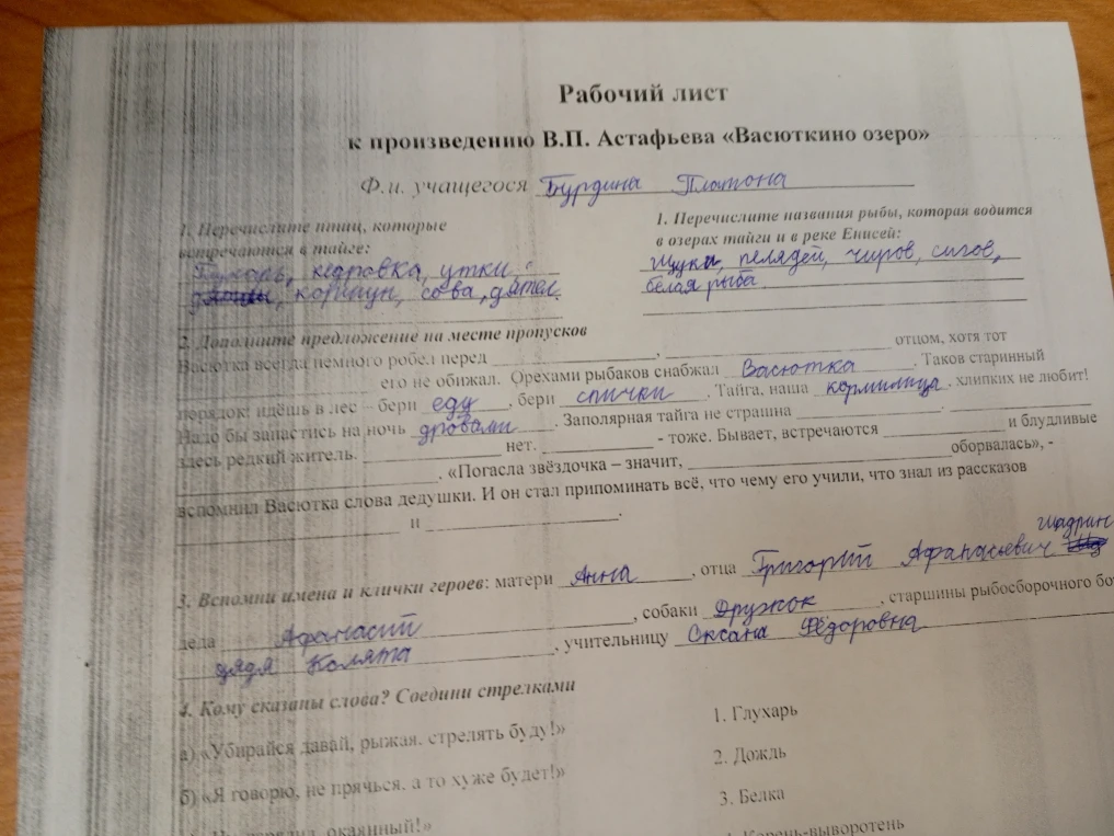 Рабочий лист к произведению В.П. Астафьева «Васюткино озеро»