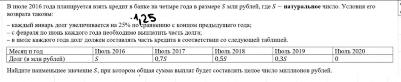 В июле 2016 года планируется взять кредит в банке на четыре года в размере S млн рублей, где S – натуральное число.