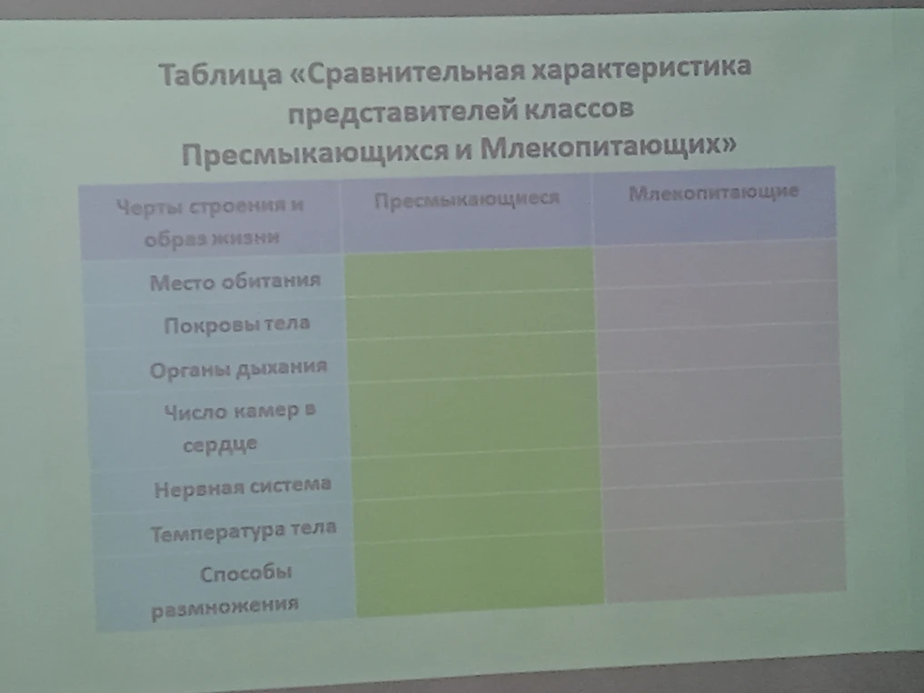 Таблица «Сравнительная характеристика представителей классов Пресмыкающихся и Млекопитающих»