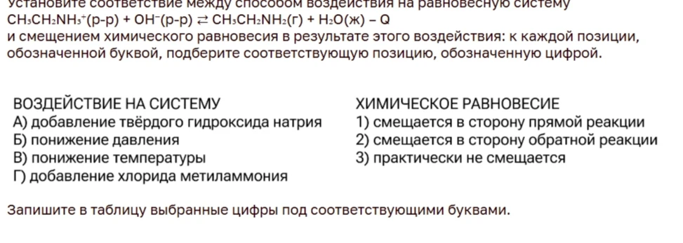 Установите соответствие между способом воздействия на равновесную систему CH3CH2NH3+(п-п) + OH-(п-п) ⇄ CH3CH2NH2(г) + H2O(ж) - Q и смещением химического равновесия в результате этого воздействия