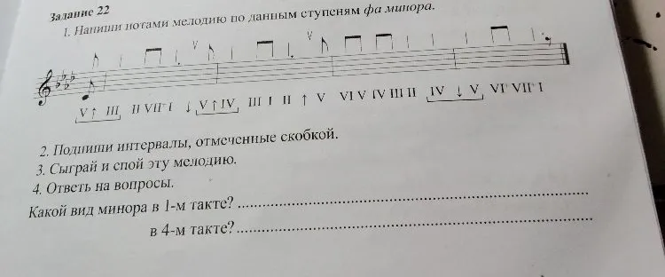 Напиши нотами мелодию по данным ступеням фа минора.