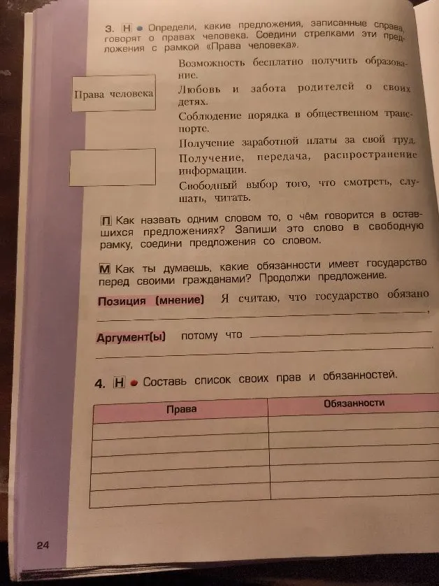 Определи, какие предложения, записанные справа, говорят о правах человека. Соедини стрелками эти предложения с рамкой «Права человека».
