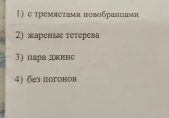 1) с тремястами новобранцами 2) жареные тетерева 3) пара джинс 4) без погонов