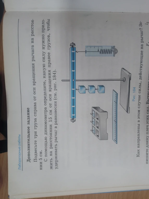 Подвесьте три груза справа от оси вращения рычага на расстоянии 5 см. С помощью динамометра определите, какую силу нужно приложить на расстоянии 15 см от оси вращения правее грузов, чтобы удерживать рычаг в равновесии (см. рис. 184).