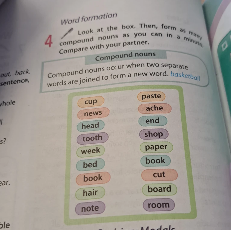 Look at the box. Then, form as many compound nouns as you can in a minute.
