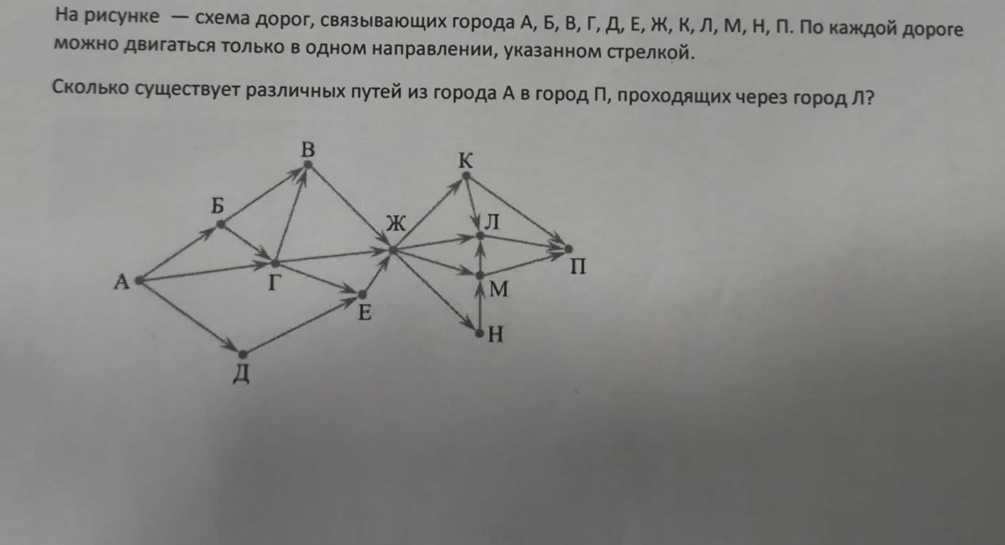 Сколько существует различных путей из города А в город П, проходящих через город Л?