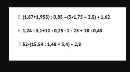 5. (1,87+1,955) : 0,85 - (3•1,75 - 2,5) • 1,62