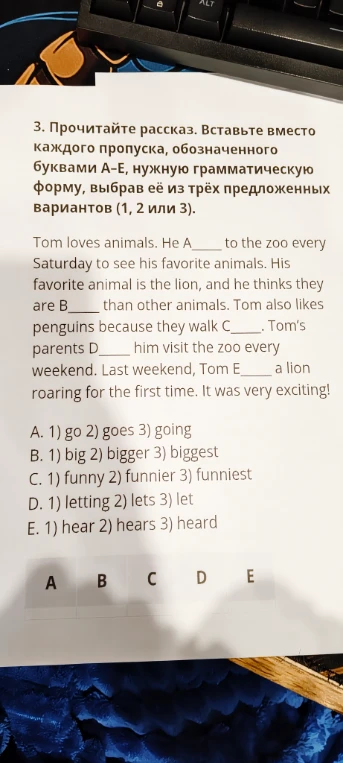 3. Прочитайте рассказ. Вставьте вместо каждого пропуска, обозначенного буквами А–Е, нужную грамматическую форму, выбрав её из трёх предложенных вариантов (1, 2 или 3).