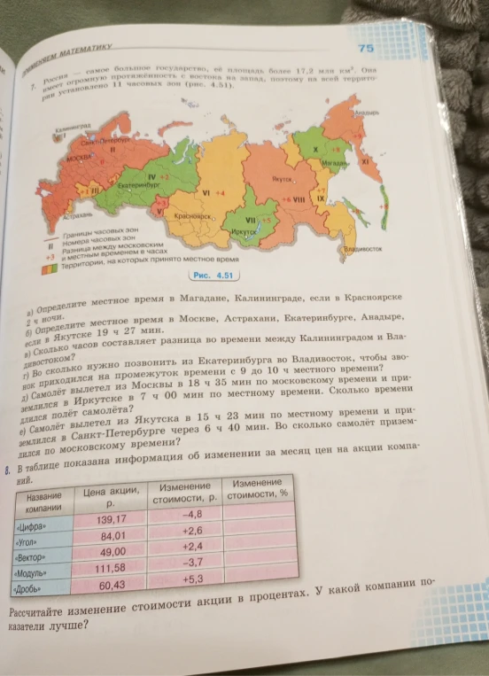 7. Россия — самое большое государство, её площадь более 17,2 млн км2. Она имеет огромную протяжённость с востока на запад, поэтому на всей территории установлено 11 часовых зон (рис. 4.51).