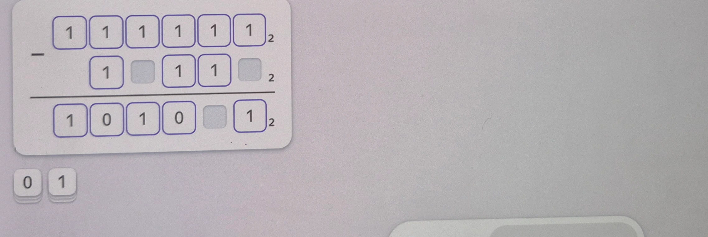 Выполни вычитание в двоичной системе счисления, заполнив пропущенные квадратики.