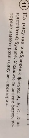 На рисунке изображены фигуры A, B, C, D на клетчатой бумаге. Укажите те из этих фигур, которые имеют ровно одну ось симметрии.