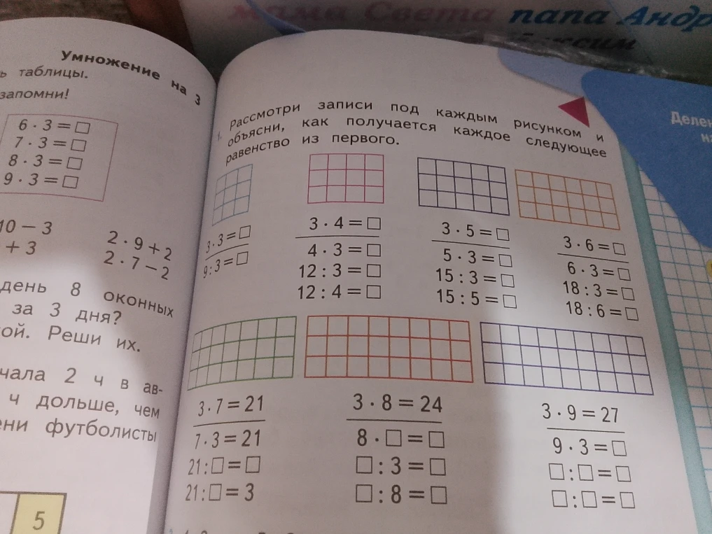 Рассмотри записи под каждым рисунком и объясни, как получается каждое следующее равенство из первого.
