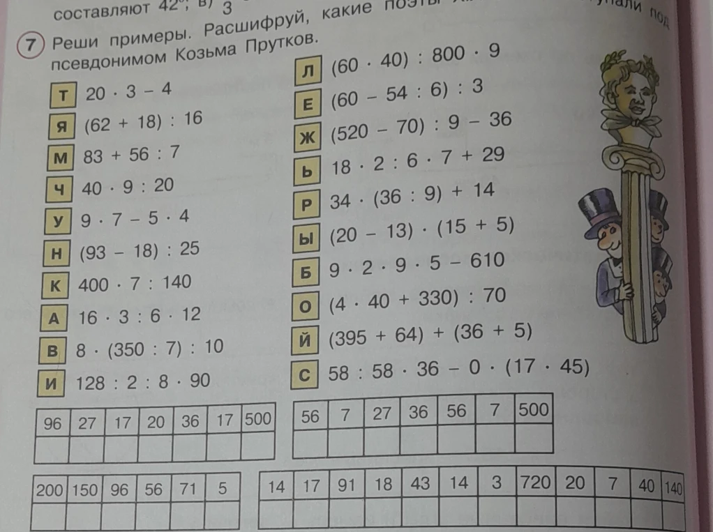 Реши примеры. Расшифруй, какие поэты скрывались под псевдонимом Козьма Прутков.