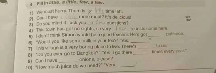 Fill in little, a little, few, a few.