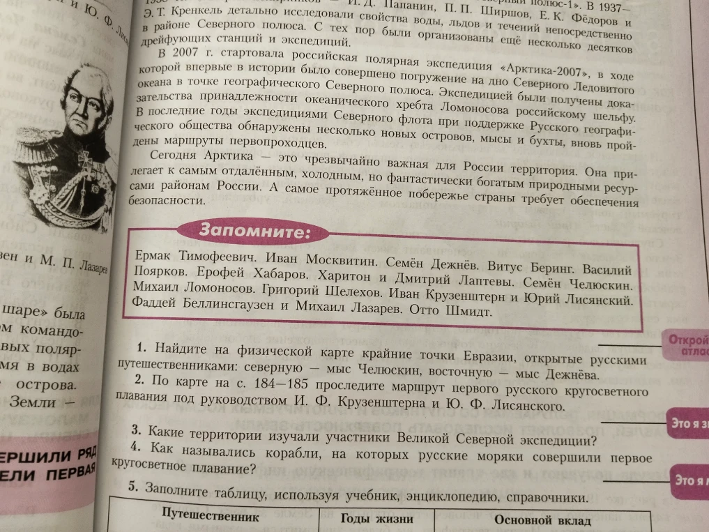 1. Найдите на физической карте крайние точки Евразии, открытые русскими путешественниками: северную — мыс Челюскин, восточную — мыс Дежнёва.