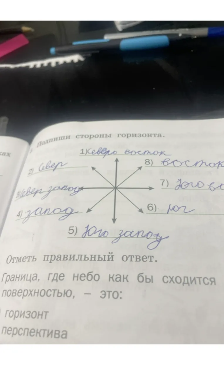 Подпиши стороны горизонта. Отметь правильный ответ. Граница, где небо как бы сходится с земной поверхностью, – это:
