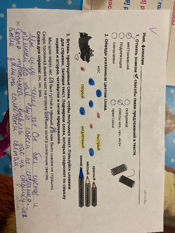 Обведи указанным цветом слова. Вставь пропущенные слова, чтобы получился текст.