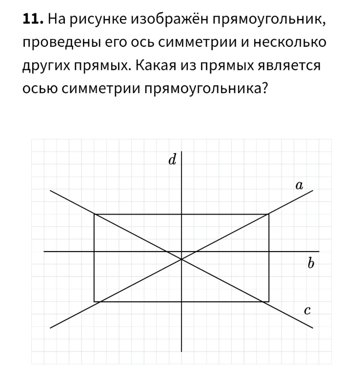 11. На рисунке изображён прямоугольник, проведены его ось симметрии и несколько других прямых. Какая из прямых является осью симметрии прямоугольника?