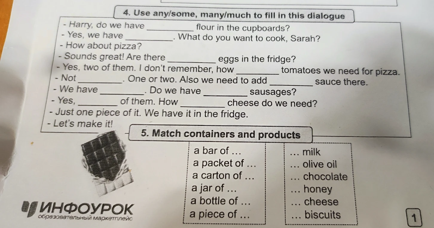 4. Use any/some, many/much to fill in this dialogue