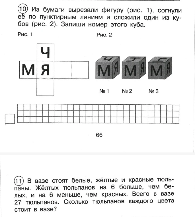 Из бумаги вырезали фигуру (рис. 1), согнули её по пунктирным линиям и сложили один из кубов (рис. 2). Запиши номер этого куба.