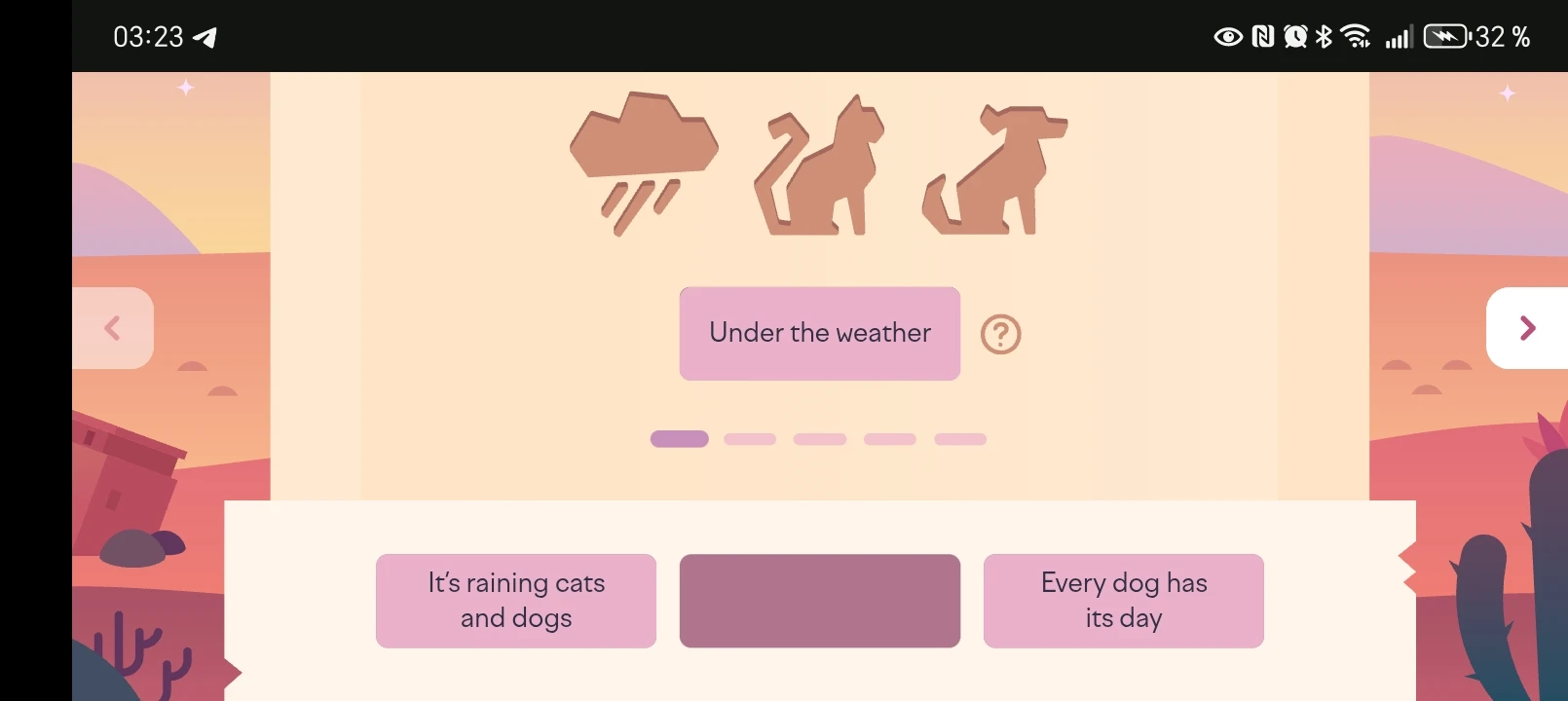 На картинке изображена логическая игра на знание английских идиом. Нужно соотнести иконки (дождь, кошка, собака) с соответствующим выражением. Правильный вариант — "It's raining cats and dogs".