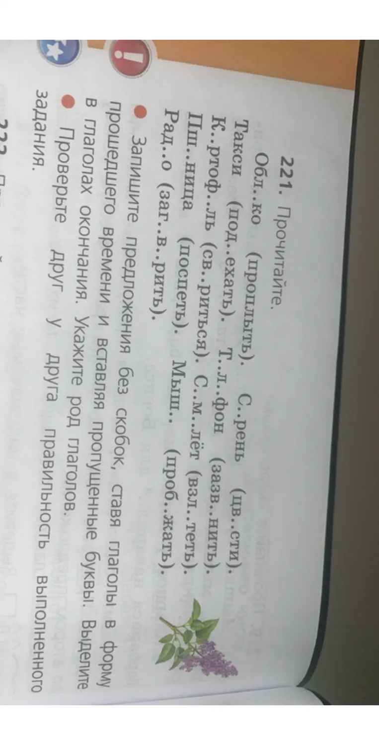 221. Прочитайте. Обл..ко (проплыть). Такси (под..ехать). Т..л..фон (зазв..нить). К..ртоф..ль (св..риться). С..м..лёт (взл..теть). Пш..ница (поспеть). Мыш.. (проб..жать). Рад..о (заг..в..рить).
