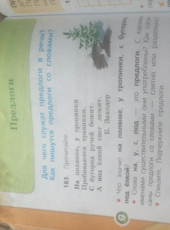 183. Прочитайте. На полянке, у тропинки. Пробиваются травинки. С бугорка ручей бежит. А под ёлкой снег лежит.