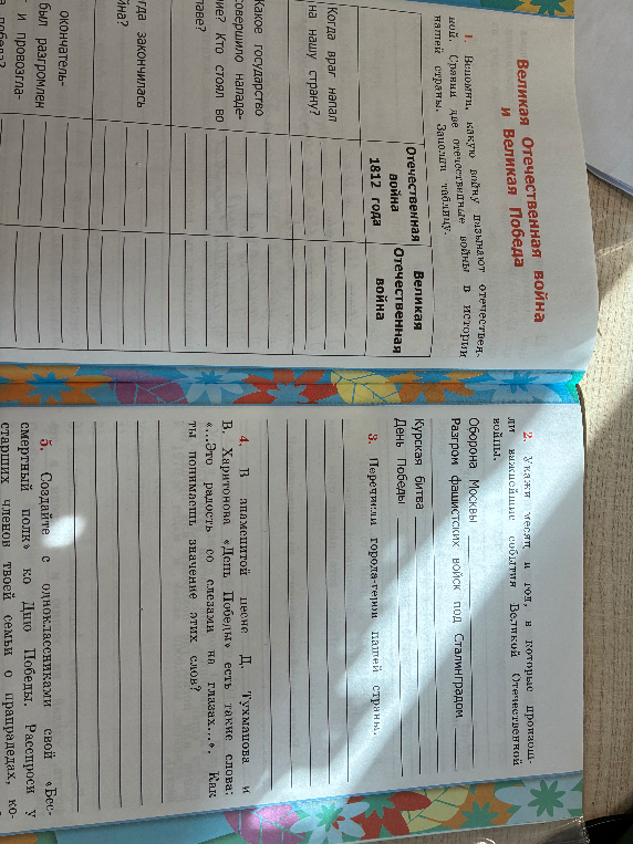 1. Вспомни, какую войну называют отечественной. Сравни две отечественные войны в истории нашей страны. Заполни таблицу.