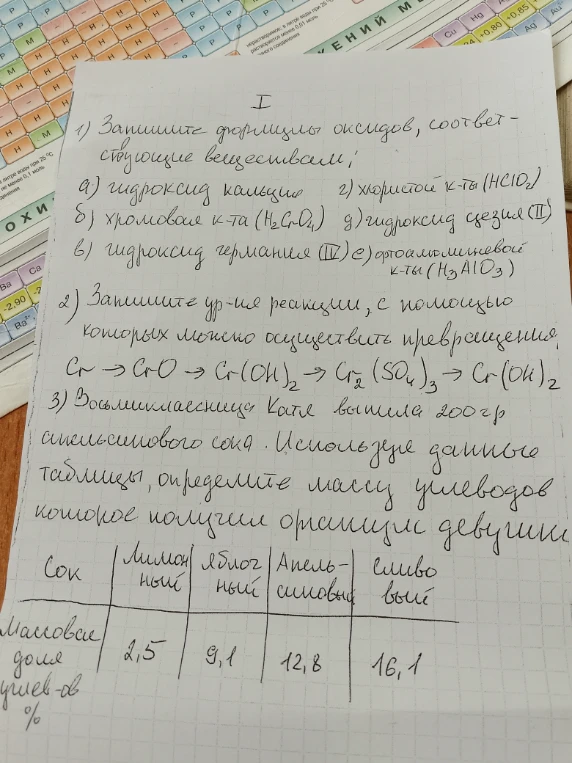Запишите формулы оксидов, соответствующие веществам: а) гидроксид кальция, б) хромовая к-та (H2CrO4), в) гидроксид германия (IV), г) хлористая к-ты (HClO2), д) гидроксид цезия, е) фтороалюминиевой к-ты (H3AlO3).