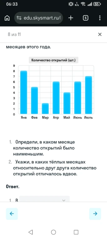 1. Определи, в каком месяце количество открытий было наименьшим.