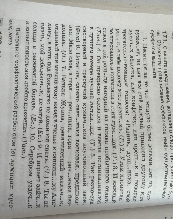 171. Спишите предложения, вставляя в слова пропущенные буквы. Объясните правописание суффиксов имён существительных, суффиксы выделите.
