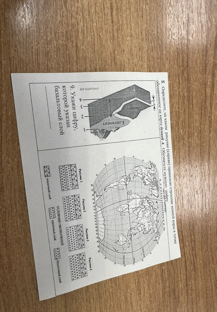 8. Определите, на каком рисунке (справа) правильно строение земной коры в точке обозначенное на карте буквой А. Обозначьте нужную цифру